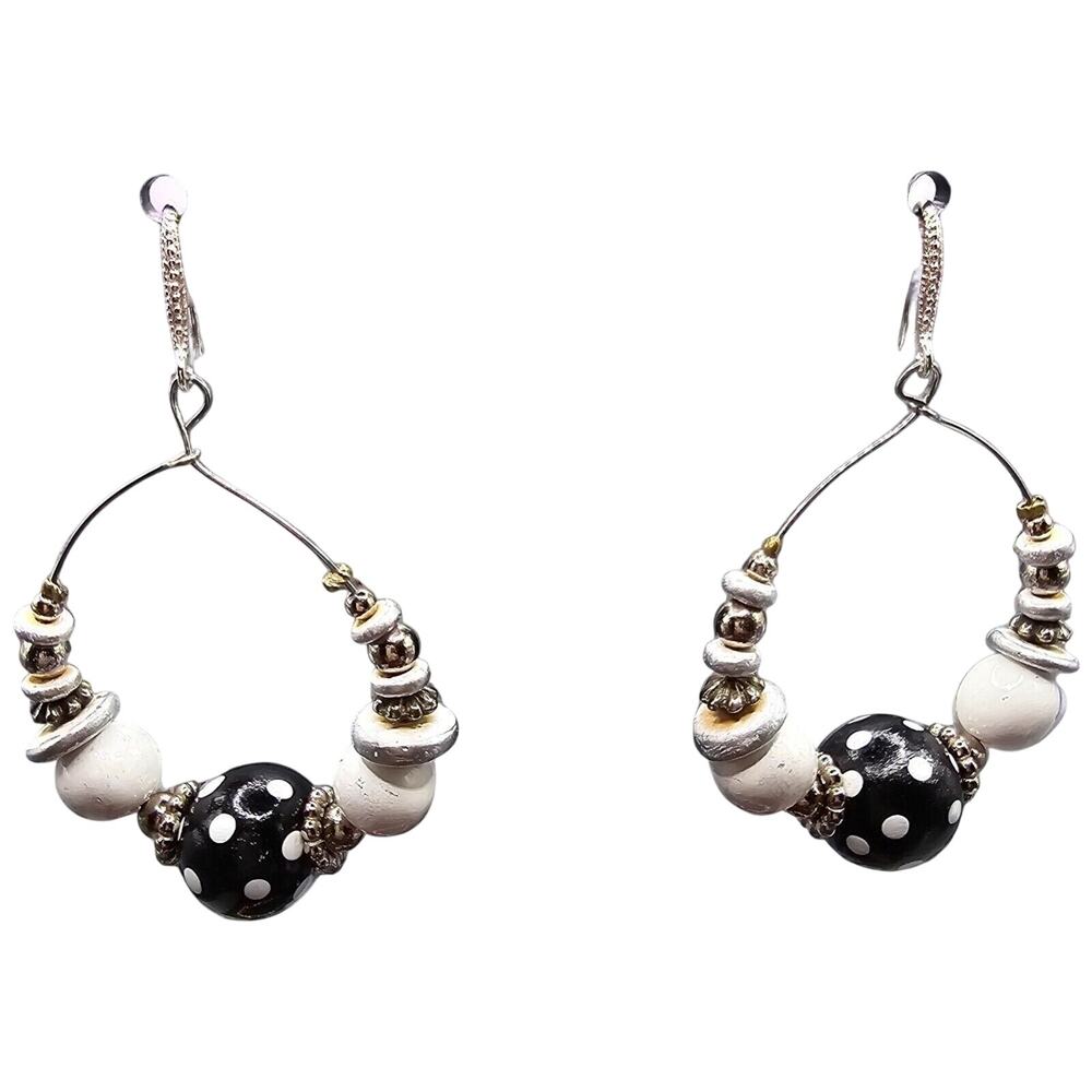 Earrings Hoop Polka Dot Beads Black White Statement Dangle Pierced SKU2158